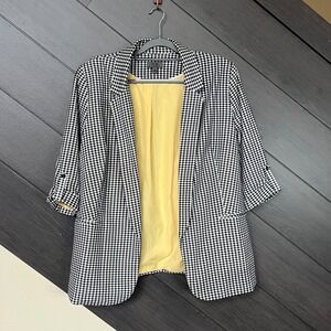 Chapter One Womens Houndstooth Blazer 3/4 Sleeve Lined L Black White Workwear